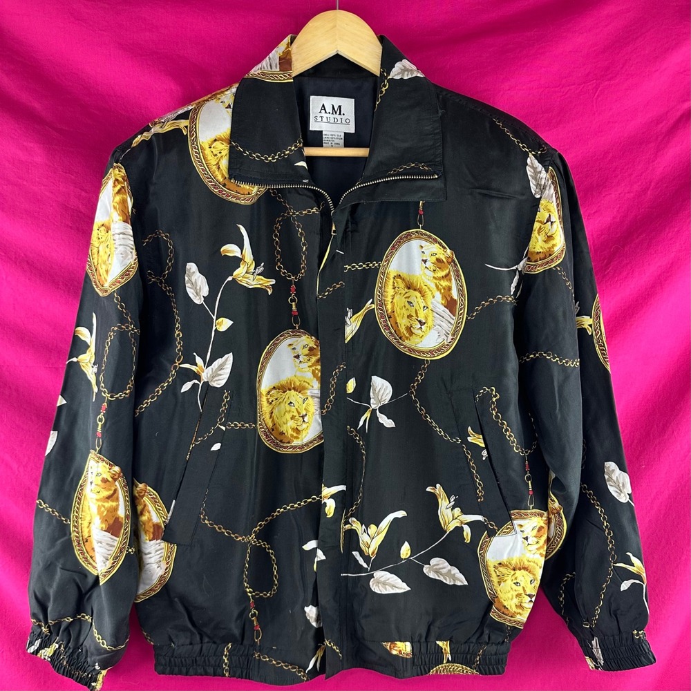 Vintage Silk Lion Print Bomber Jacket 90s Baroque Chain Windbreaker Medium - Picture 13 of 17